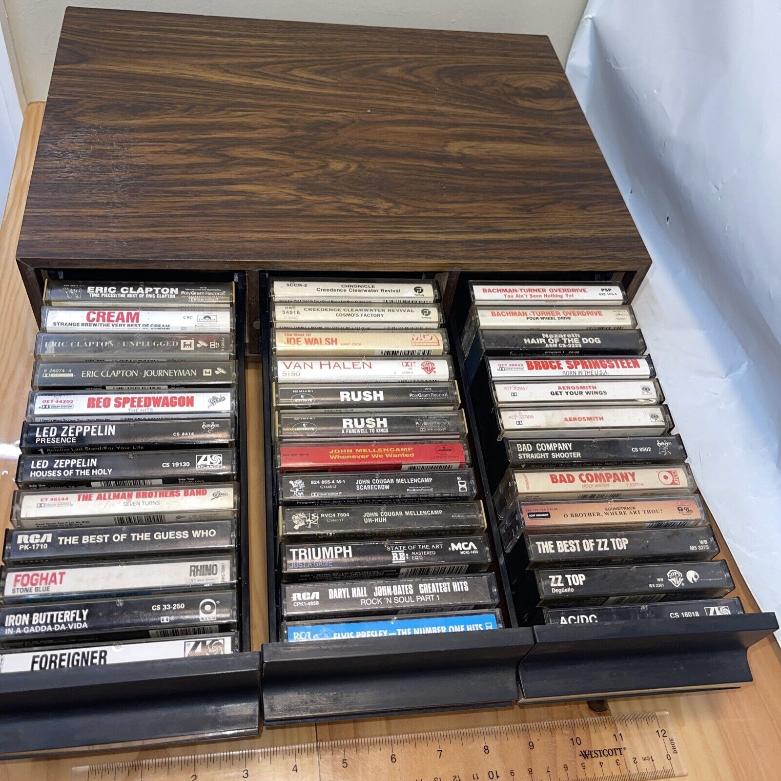 Vintage  36 Cassettes And Faux Wooden Holder, Rush, zz Top, REO, Eric, VAN, Aero