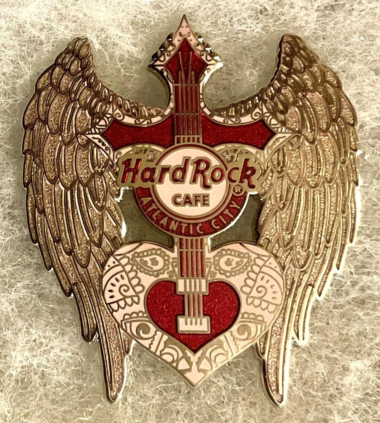 HARD ROCK CAFE ATLANTIC CITY PINK & RED HEART GUITAR W/ ANGEL WINGS PIN # 50853