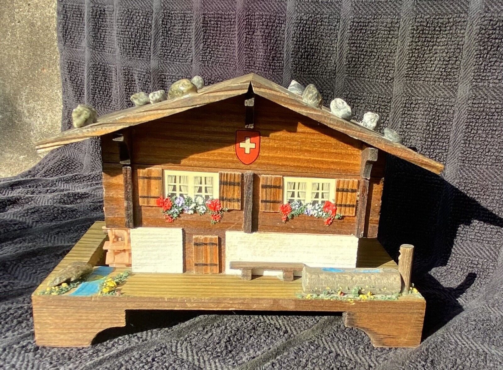 Vintage Wooden Music Box Swiss Chalet Somewhere My Love Animated Water Wheel