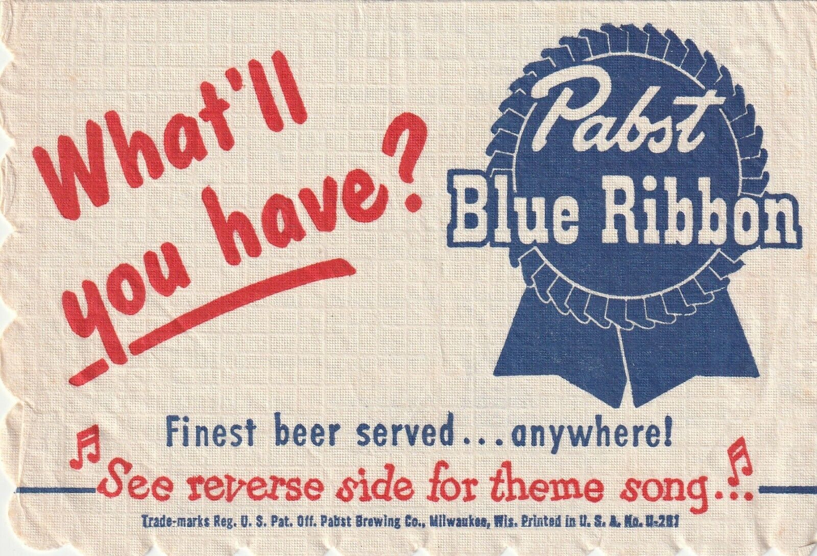 VINTAGE PABST BLUE RIBBON BEER PAPER NAPKIN - WHAT'LL YOU HAVE? SONG & LYRICS