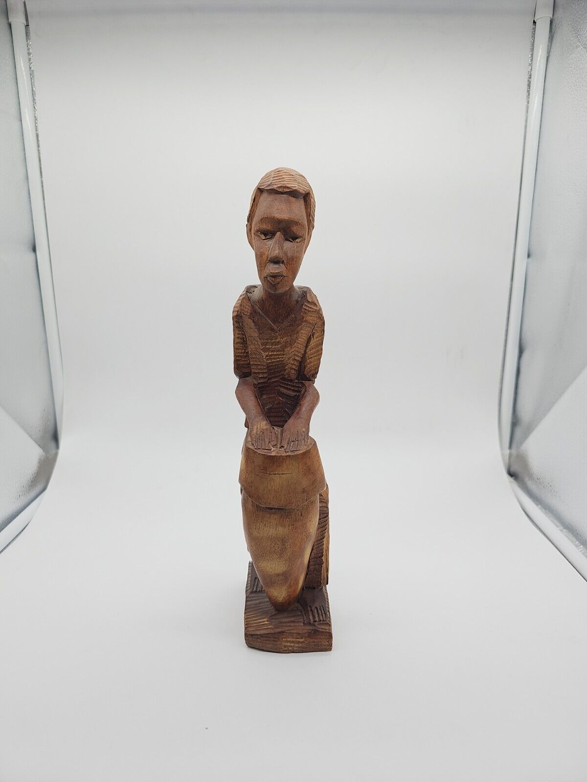 Handed Carved African Wooden Statue. Man Beating Drums.