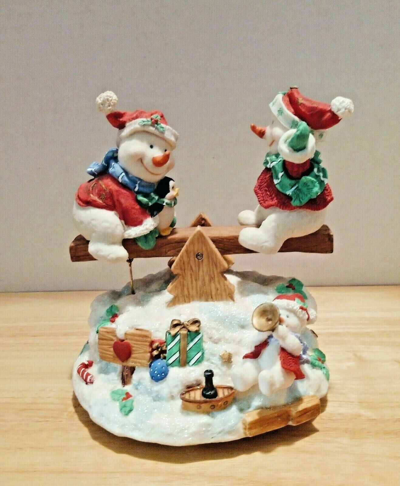 Vintage Snowman Music Box - Snow Men On Seesaw - Moves To The Music.