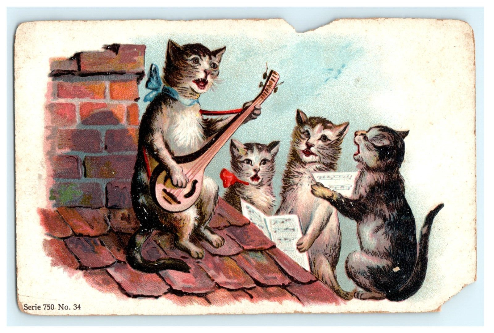 Anthropomorphic Cats Signing Banjo Rooftop - Damaged / Torn
