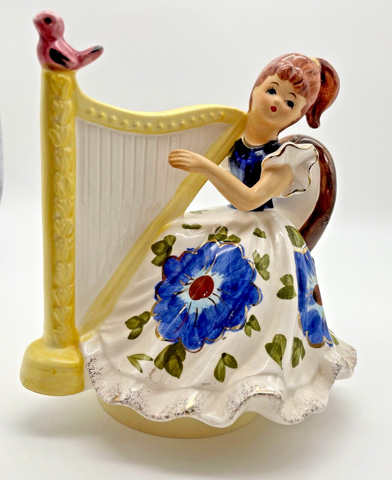 EUC Vintage Girl Music Box Spin Harp Japan Floral Blue Dress \