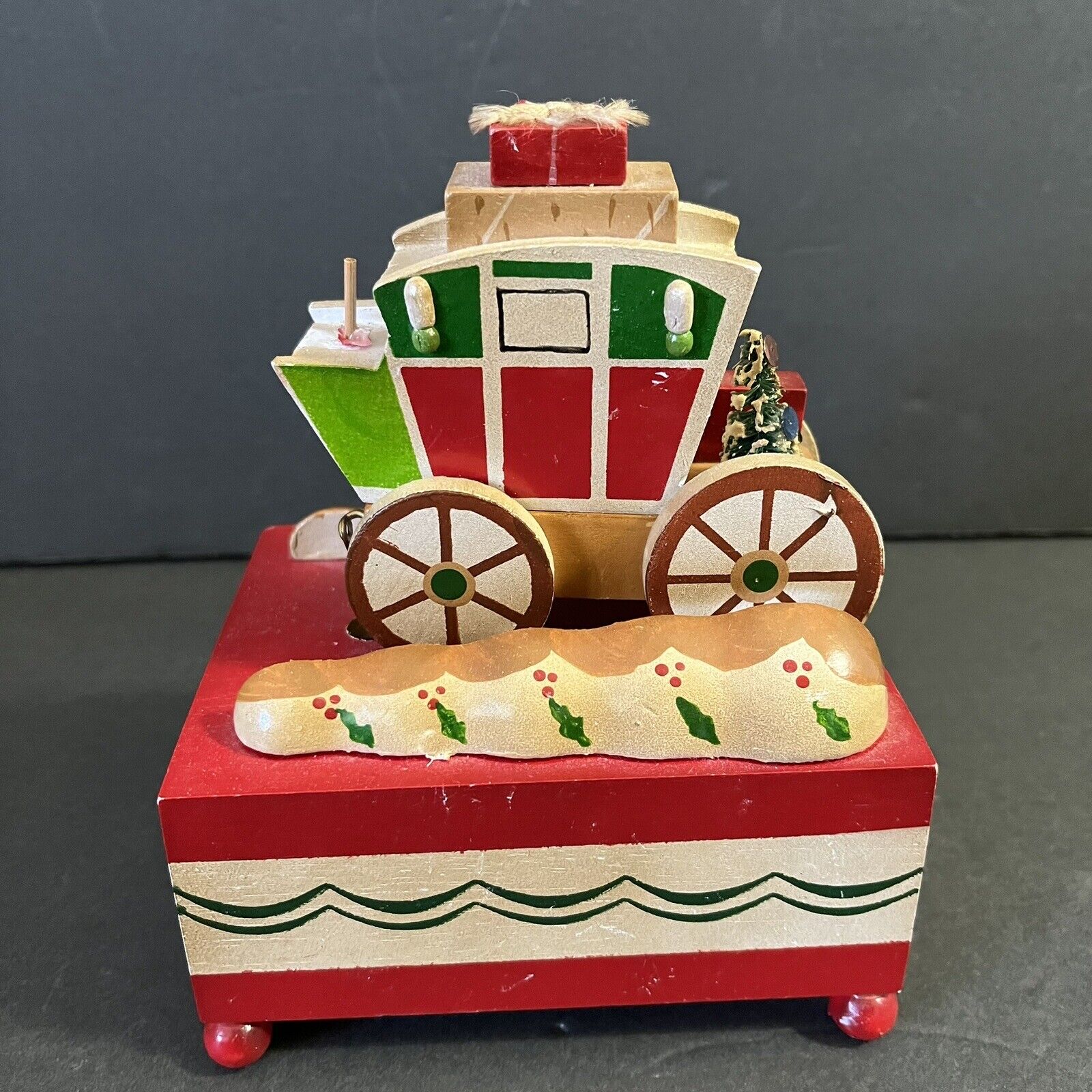Schmid Wooden Christmas Sleigh Music Box Santa Animated Xmas Vintage TESTED