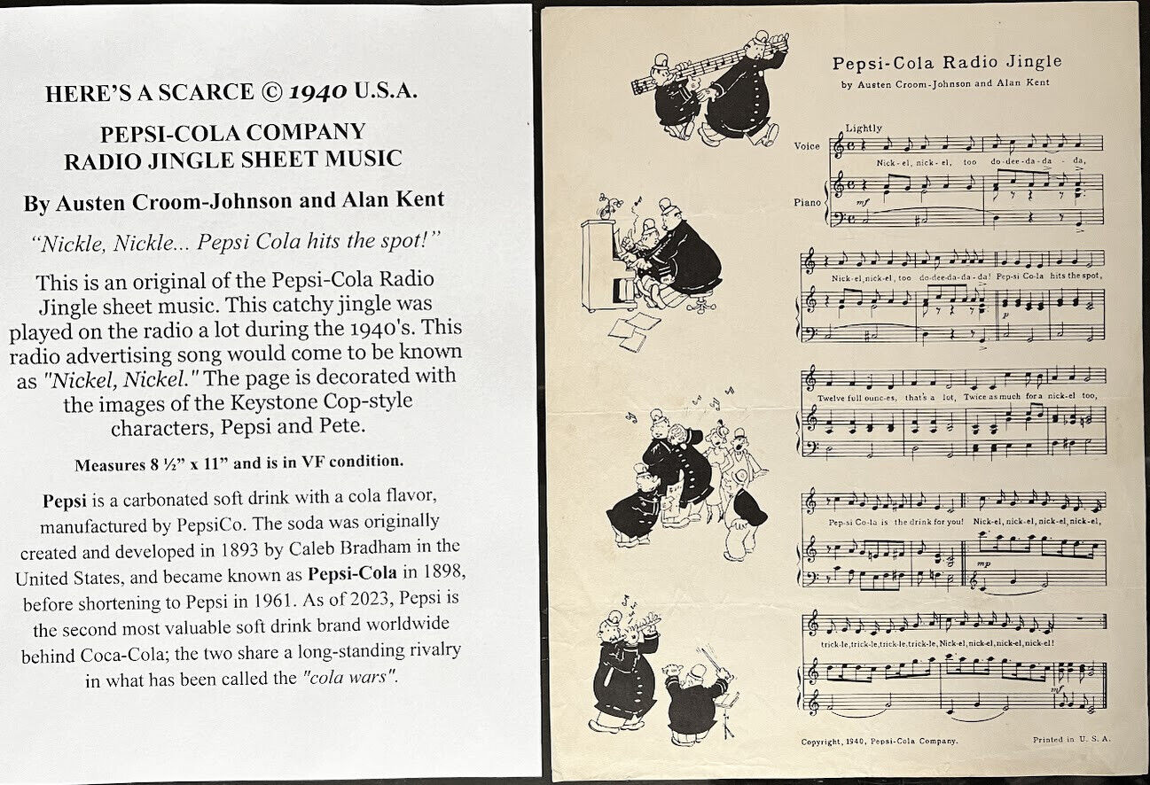 PEPSI COLA RADIO JINGLE VINTAGE SONG SHEET KEYSTONE COPS ADVERTISEMENT 1940 VF