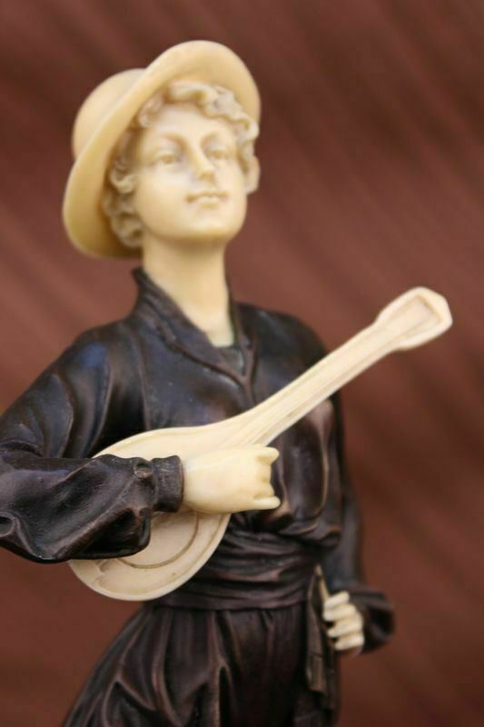 GIRL WITH BANJO SCULPTURE STATUE FIGURINE ART BROWN PATINA MUSICAL CLASSICAL NR