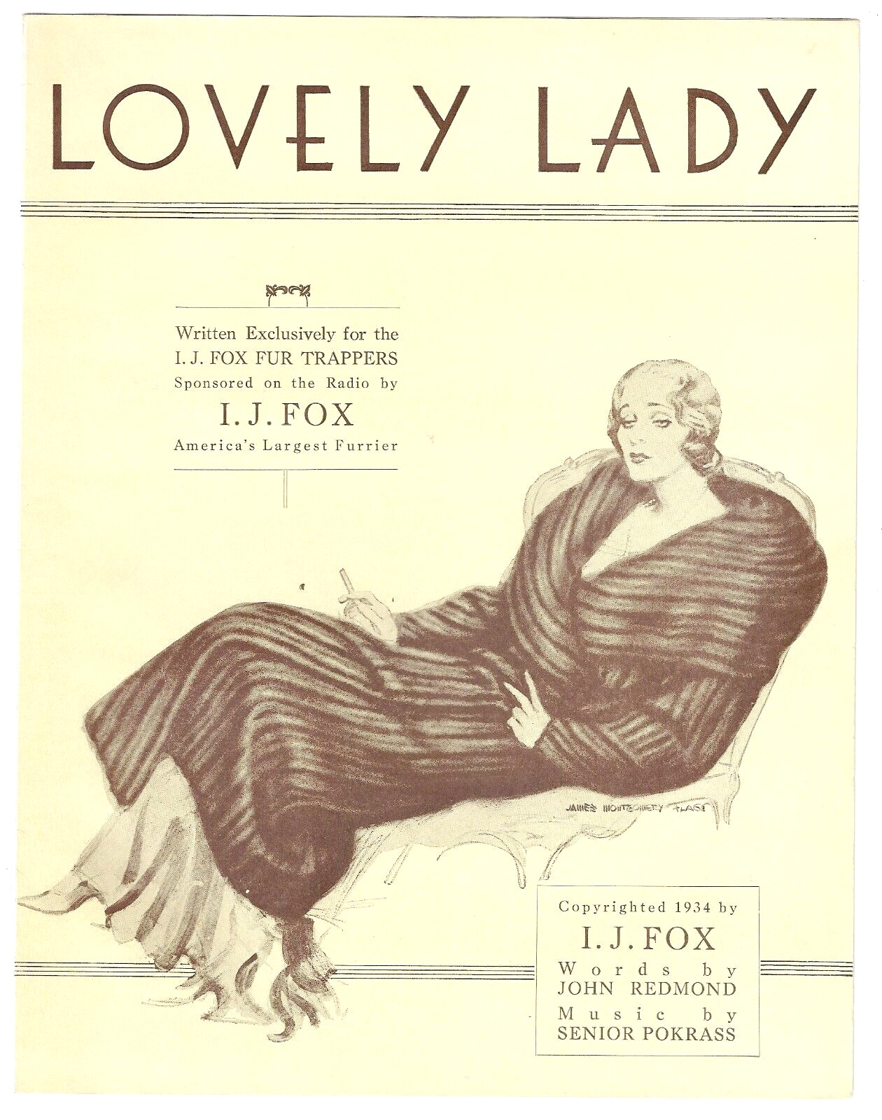 rare Vintage Advertisement Sheet Music LOVELY LADY 1934  I.J. FOX FUR TRAPPERS