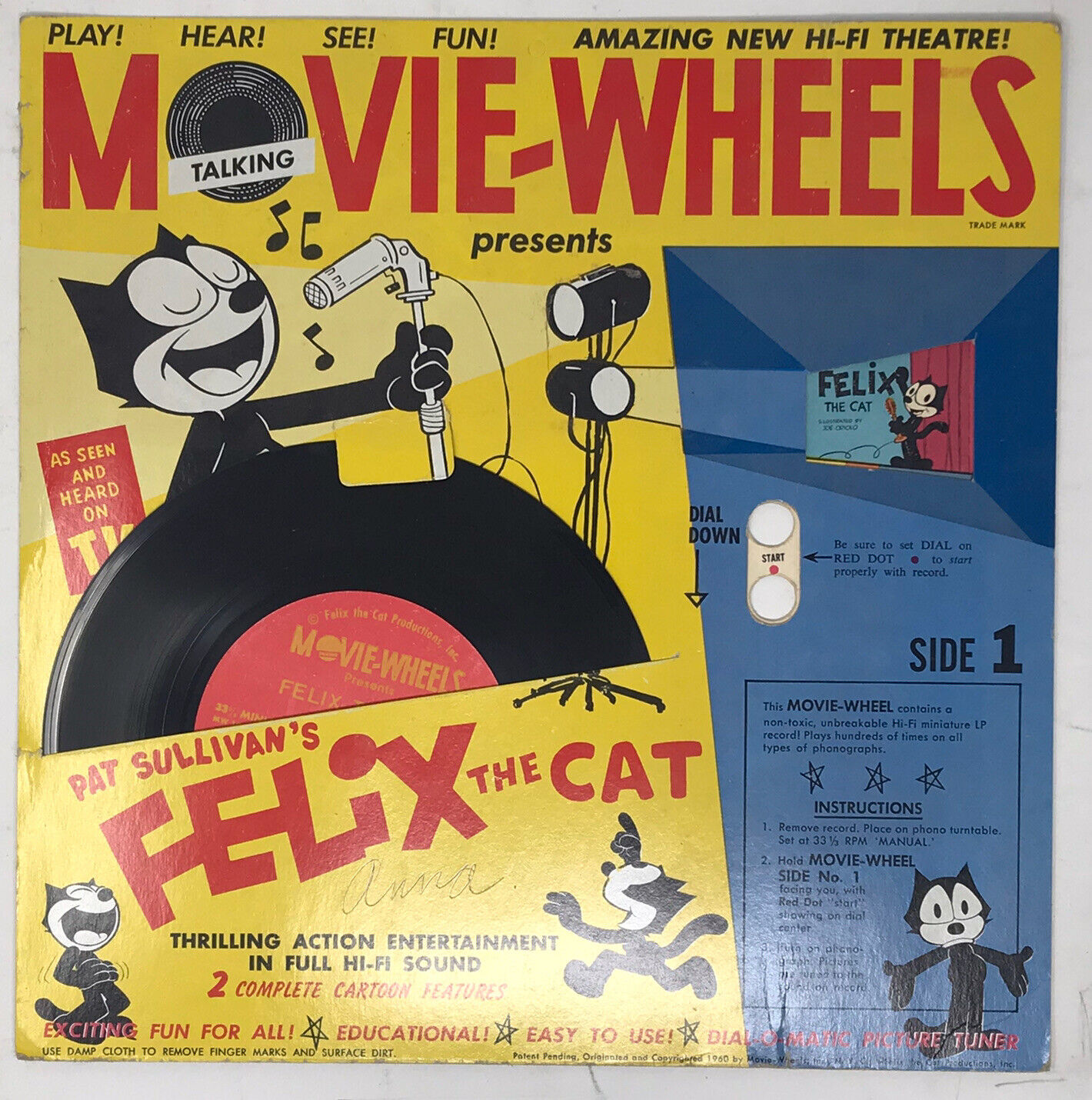 Felix The Cat Flexi Disc Record -  Movie Wheels Original 1960 Pat Sullivan