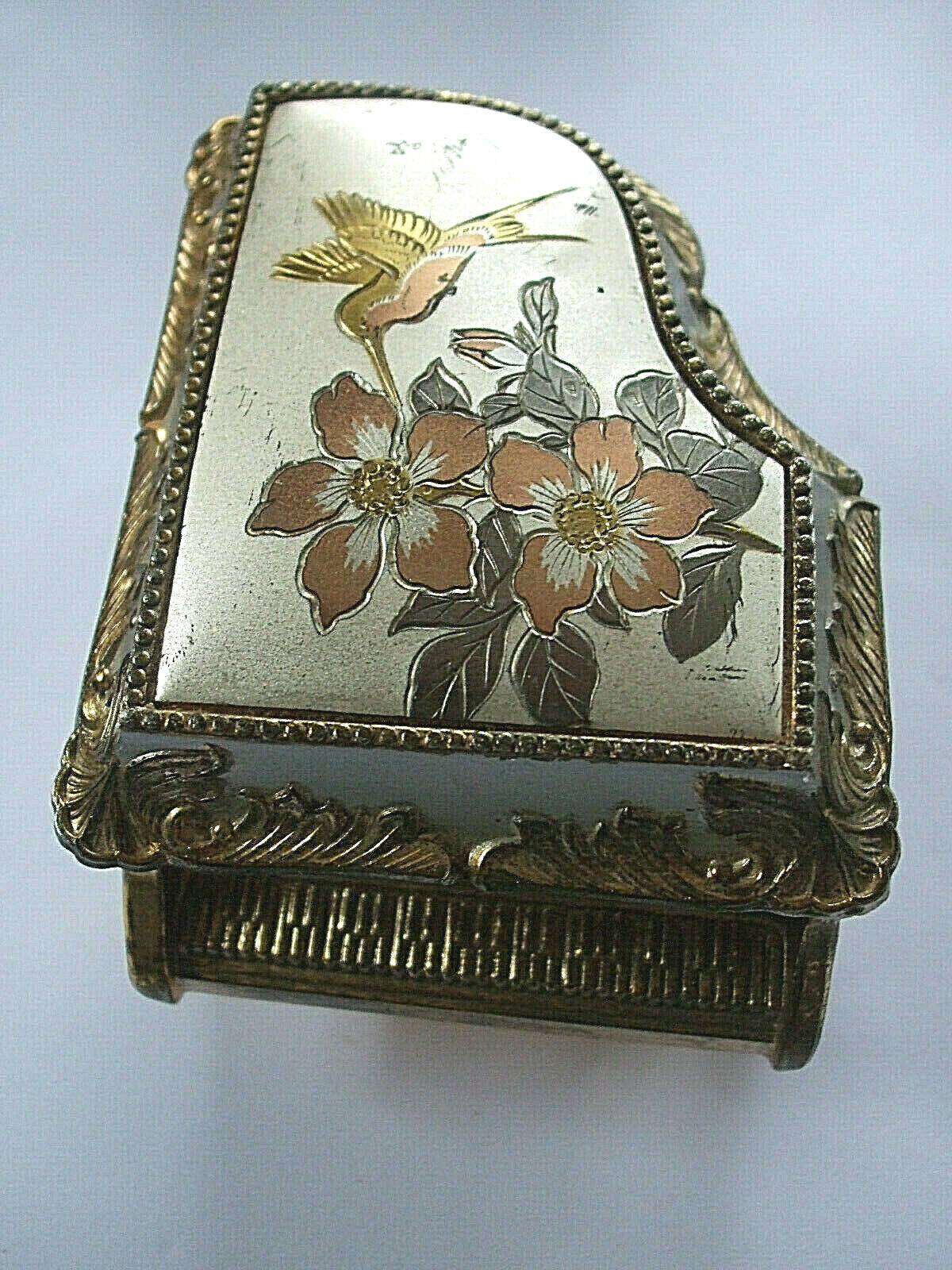 Vintage Piano Music Trinket Box Japan Hummingbird & Flowers * Working *