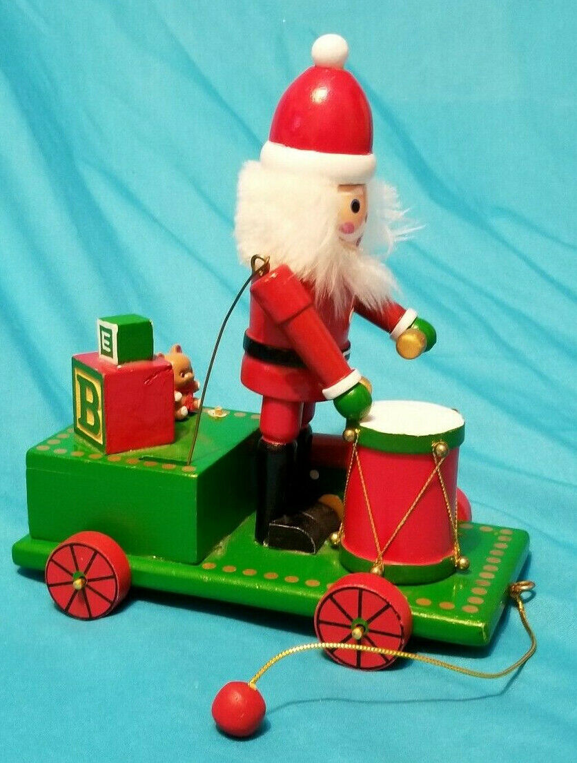 Vintage Wooden Santa On Pull Toy Music Box Excellent Condition