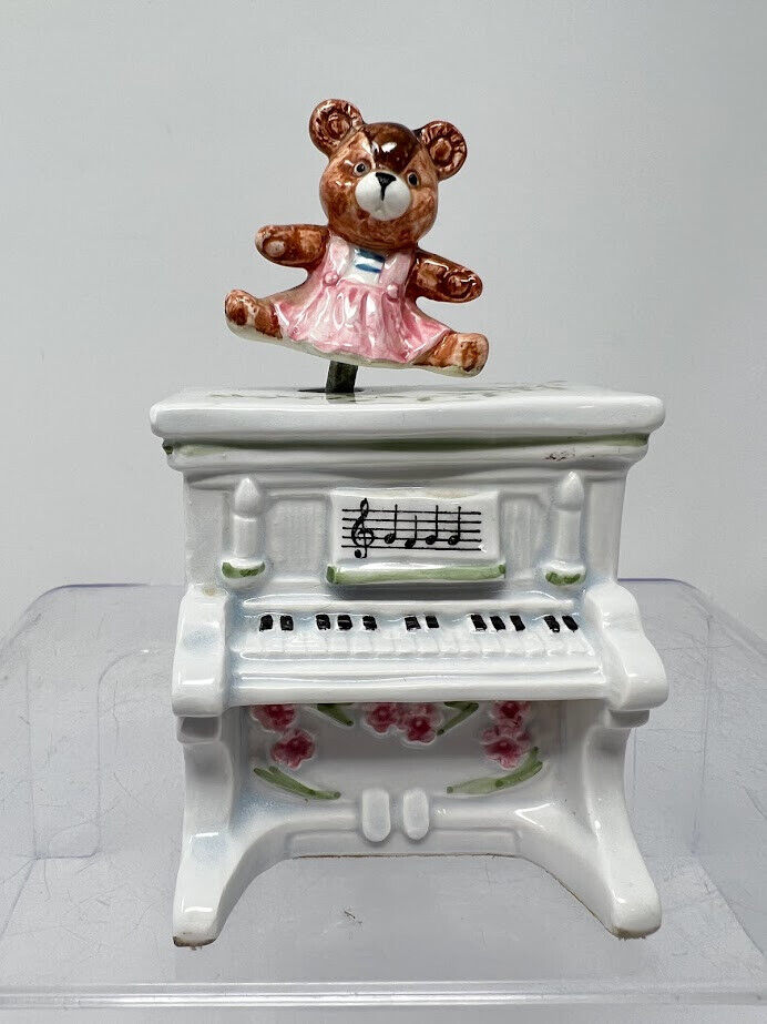 Vintage Schmid Music Box Revolving Teddy Bear on Piano Ceramic Hand Painted