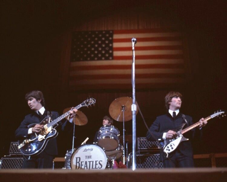 The Beatles concert by American Flag John George Ringo on drums Color 8x10 Photo