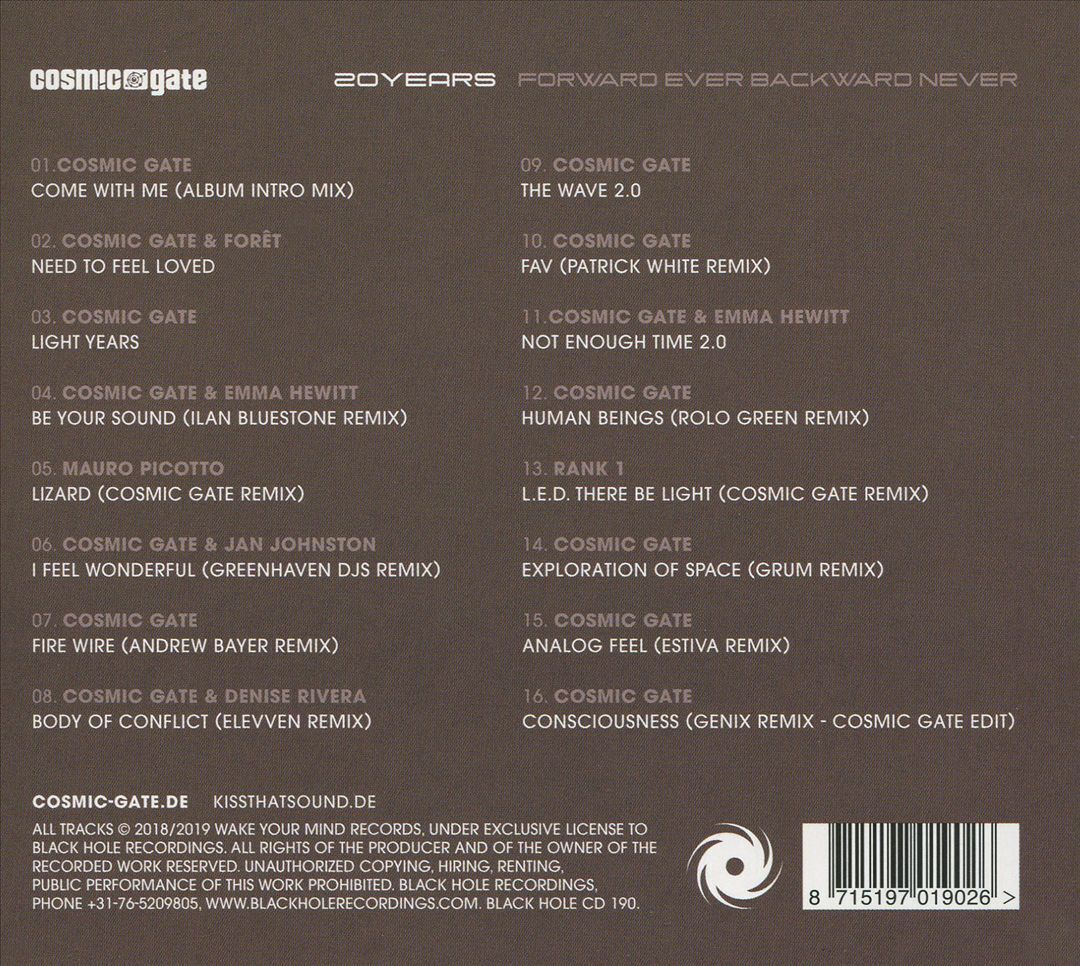 COSMIC GATE - 20 YEARS (FORWARD EVER BACKWARD NEVER) NEW CD