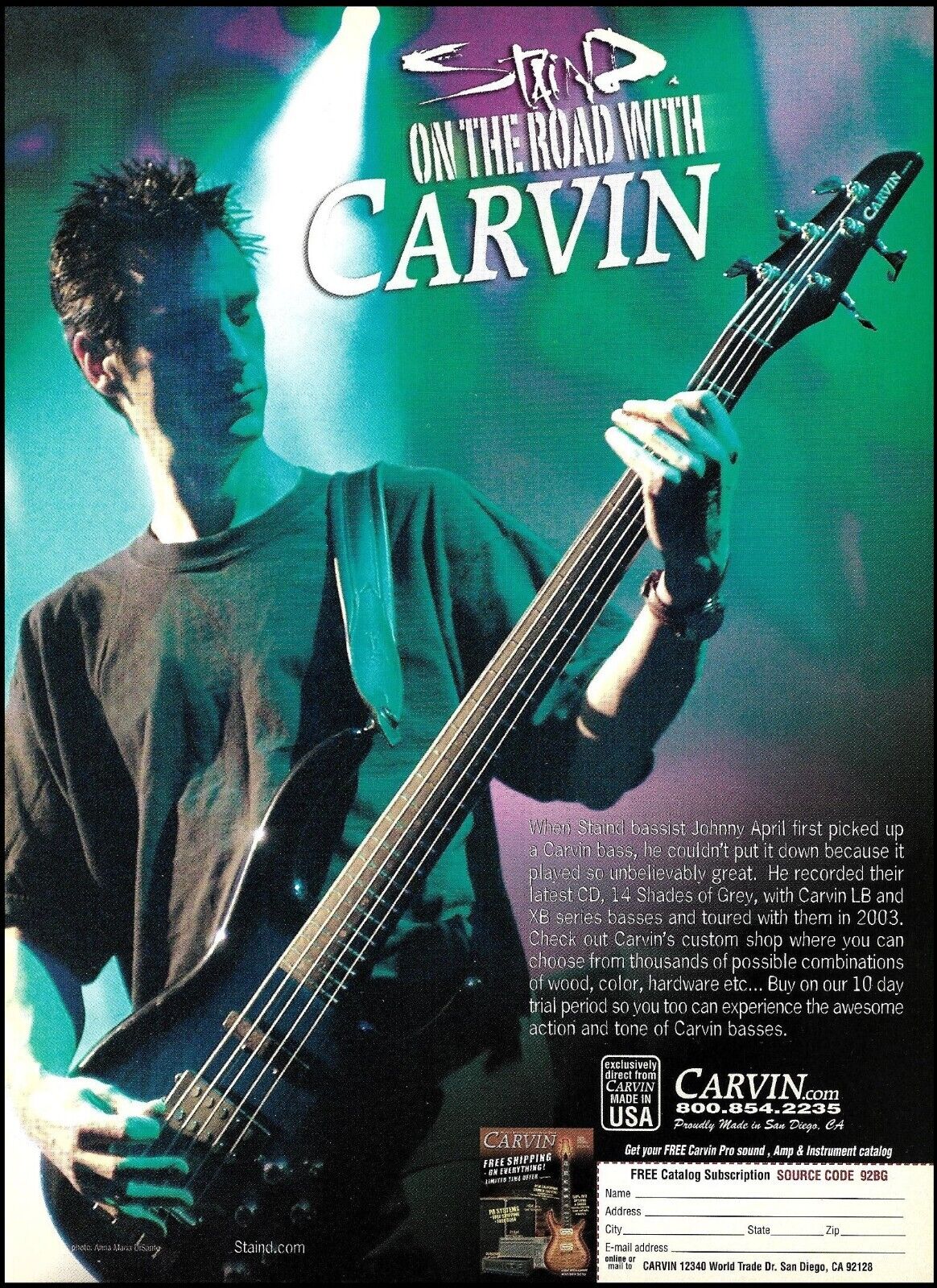 Johnny April (Staind band) 2003 Carvin XB series bass guitar advertisement print
