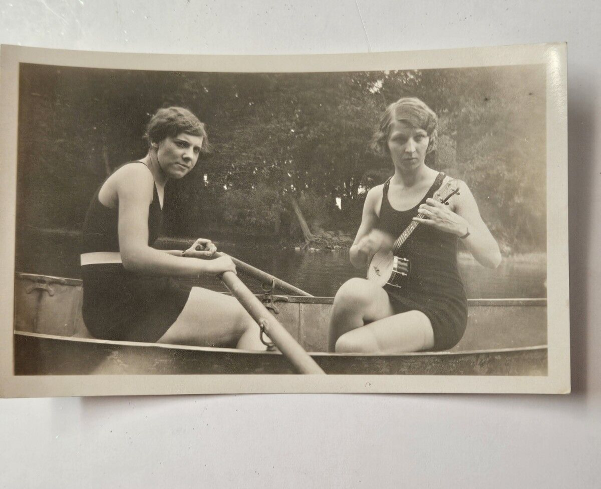 Vintage Snapshot Photo Two Flapper Women Bathing Suits in Rowboat Banjo 1920s