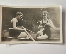 Vintage Snapshot Photo Two Flapper Women Bathing Suits in Rowboat Banjo 1920s picture