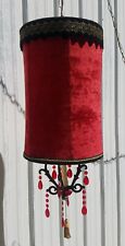 Vintage Crushed Red Velvet Drum Hanging Swag Lamp, Mid Century Mod Hollywood picture