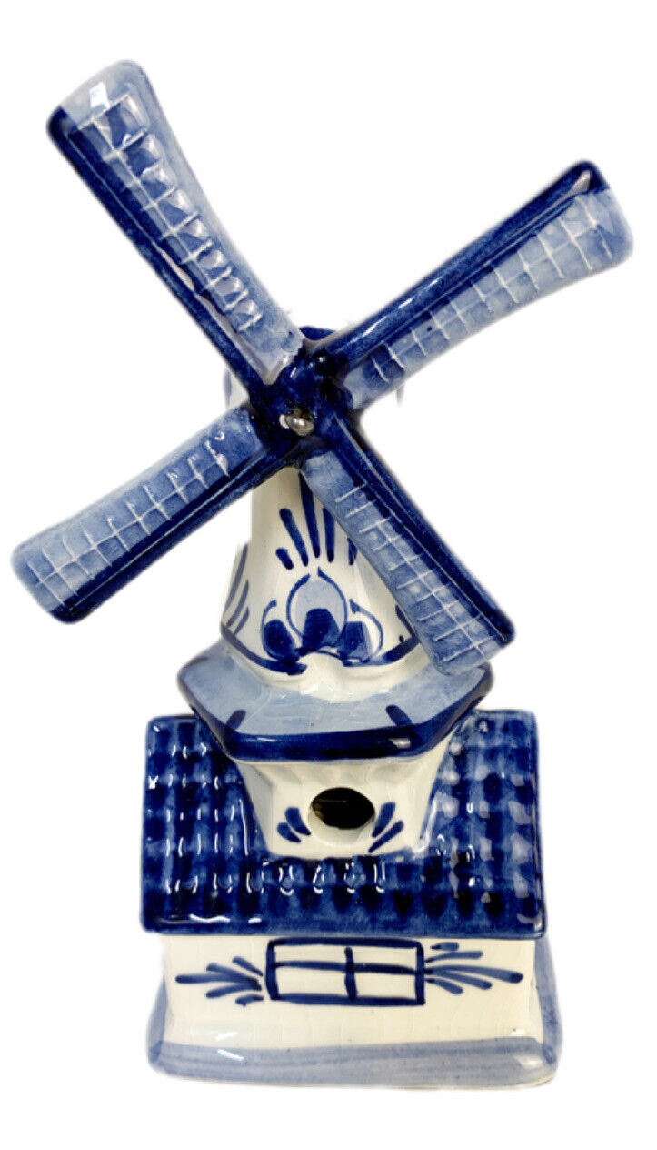 Vintage Delft Blue 7”  Windmill Windup Working Music Box Figurine