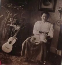 Original Antique Photo Cute Lady Musician With Guitar Holding Large Cat 100+ Yrs picture