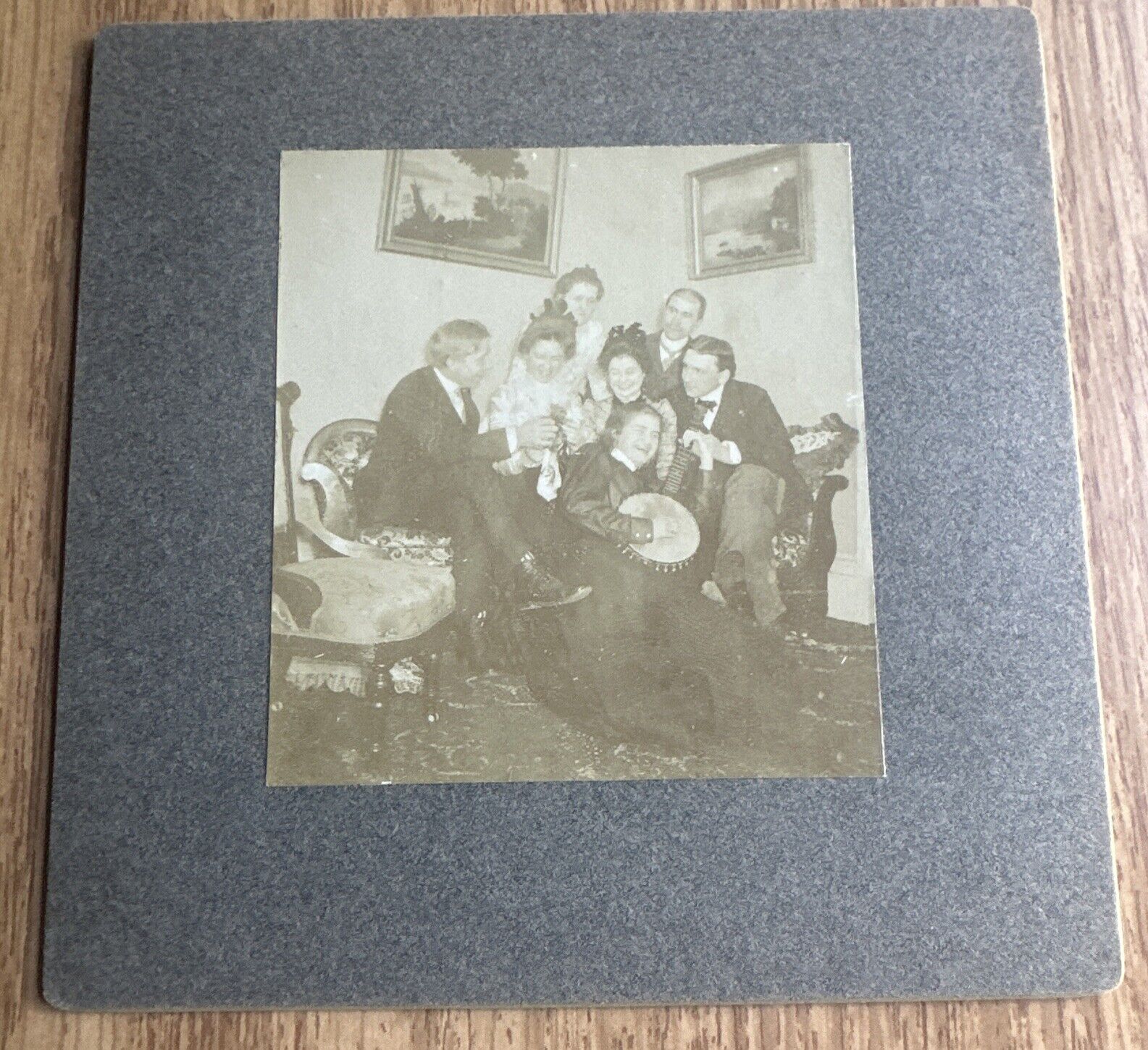 Mounted Photograph Large Group with One Lady Holding Banjo Instrument