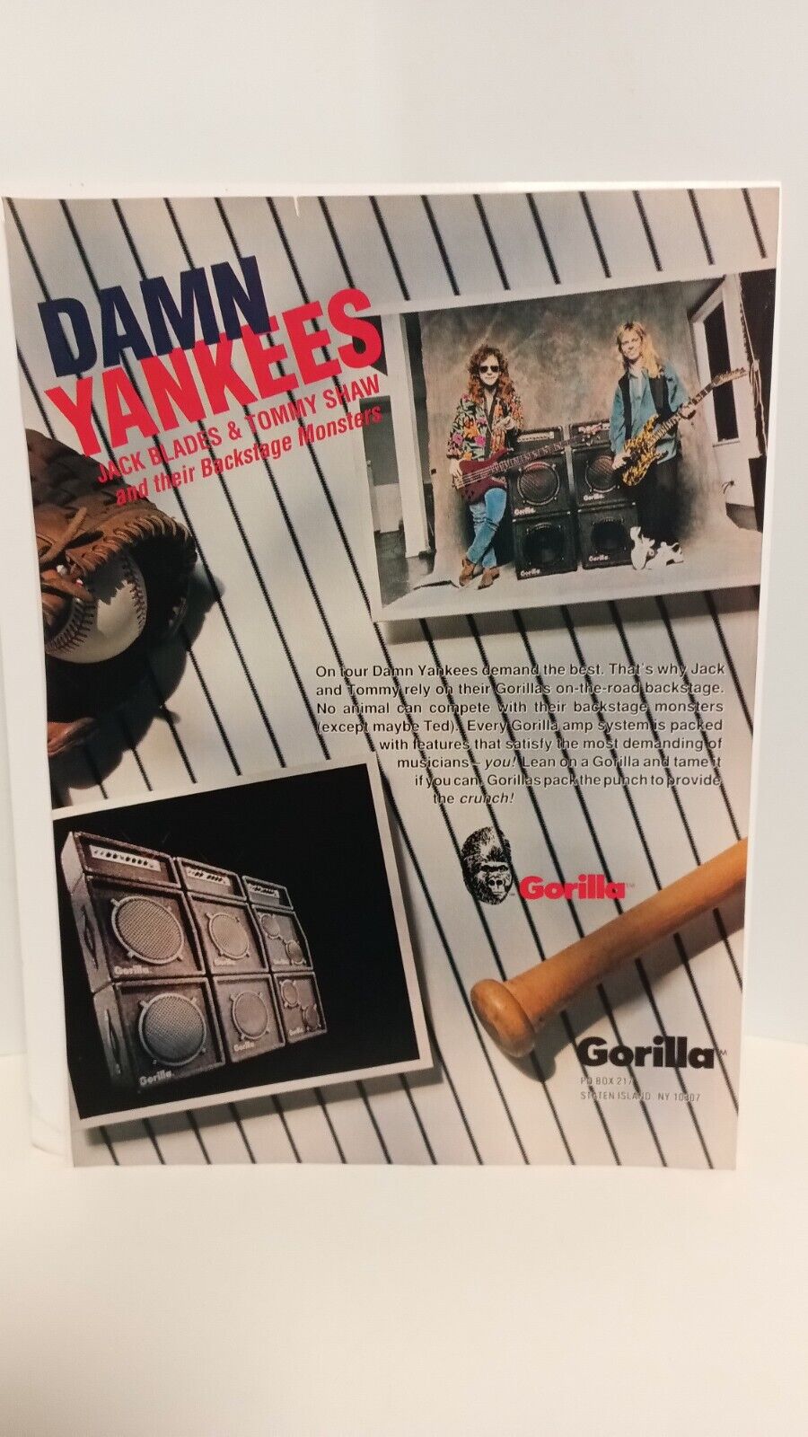 DAMN YANKEES - GORILLA  GUITAR AMPLIFIERS - 11X8.5 - PRINT AD. x3