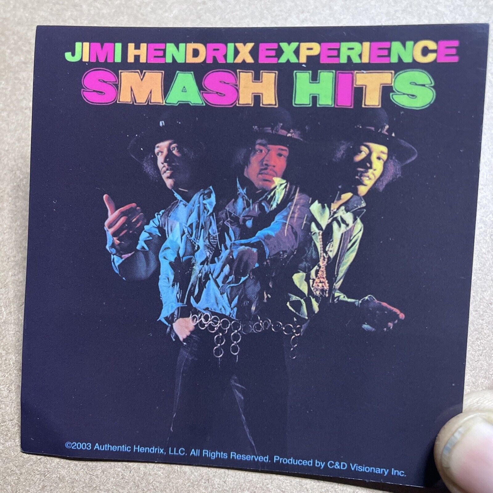 Jimi Hendrix Smash Hits Vinyl Sticker: New, Licensed, Vintage 2003.
