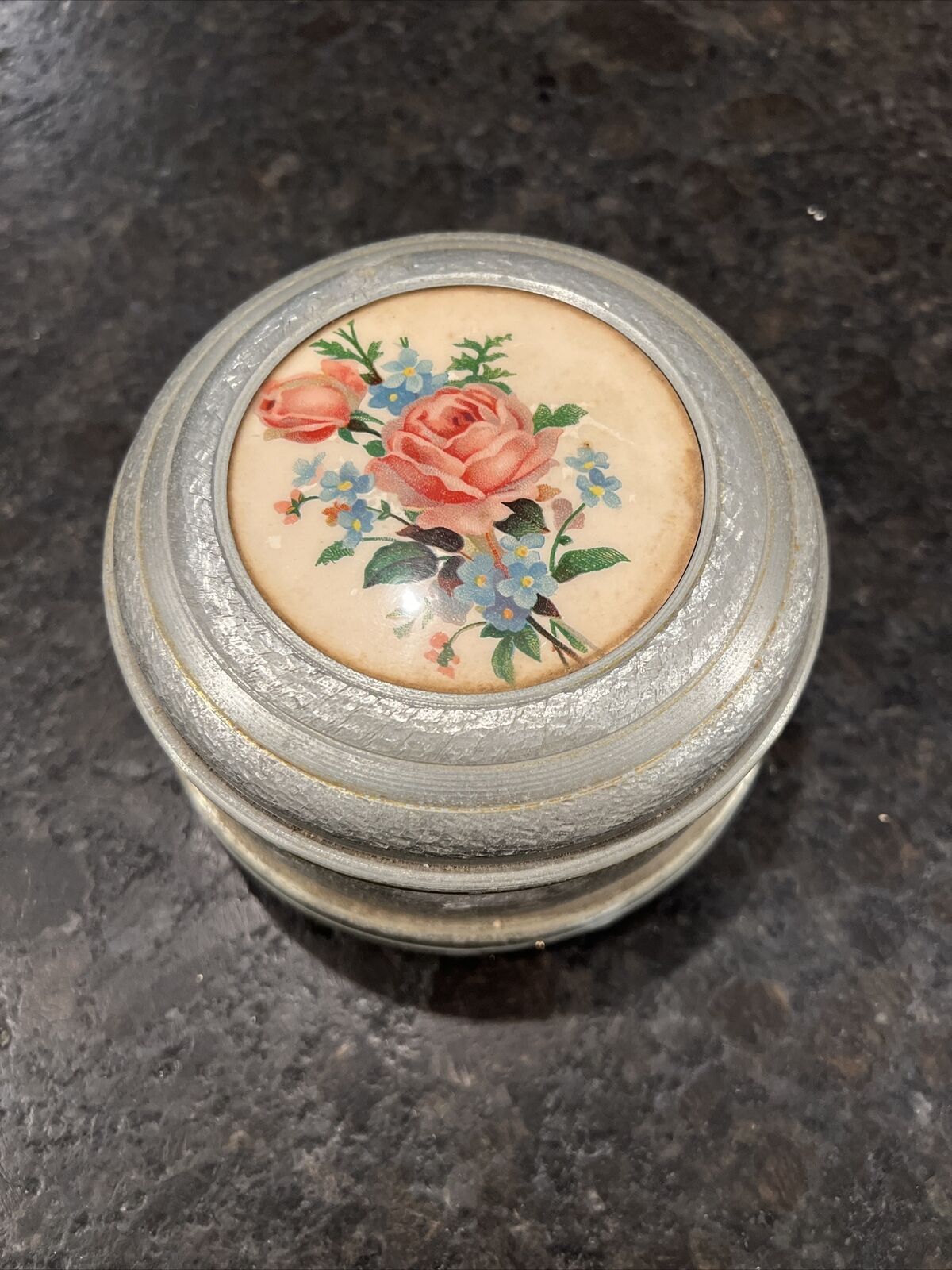 Vintage Metal Powder Puff/Music Box/Lid with Rose Bouquet. works