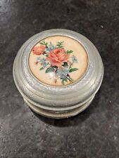 Vintage Metal Powder Puff/Music Box/Lid with Rose Bouquet. works picture