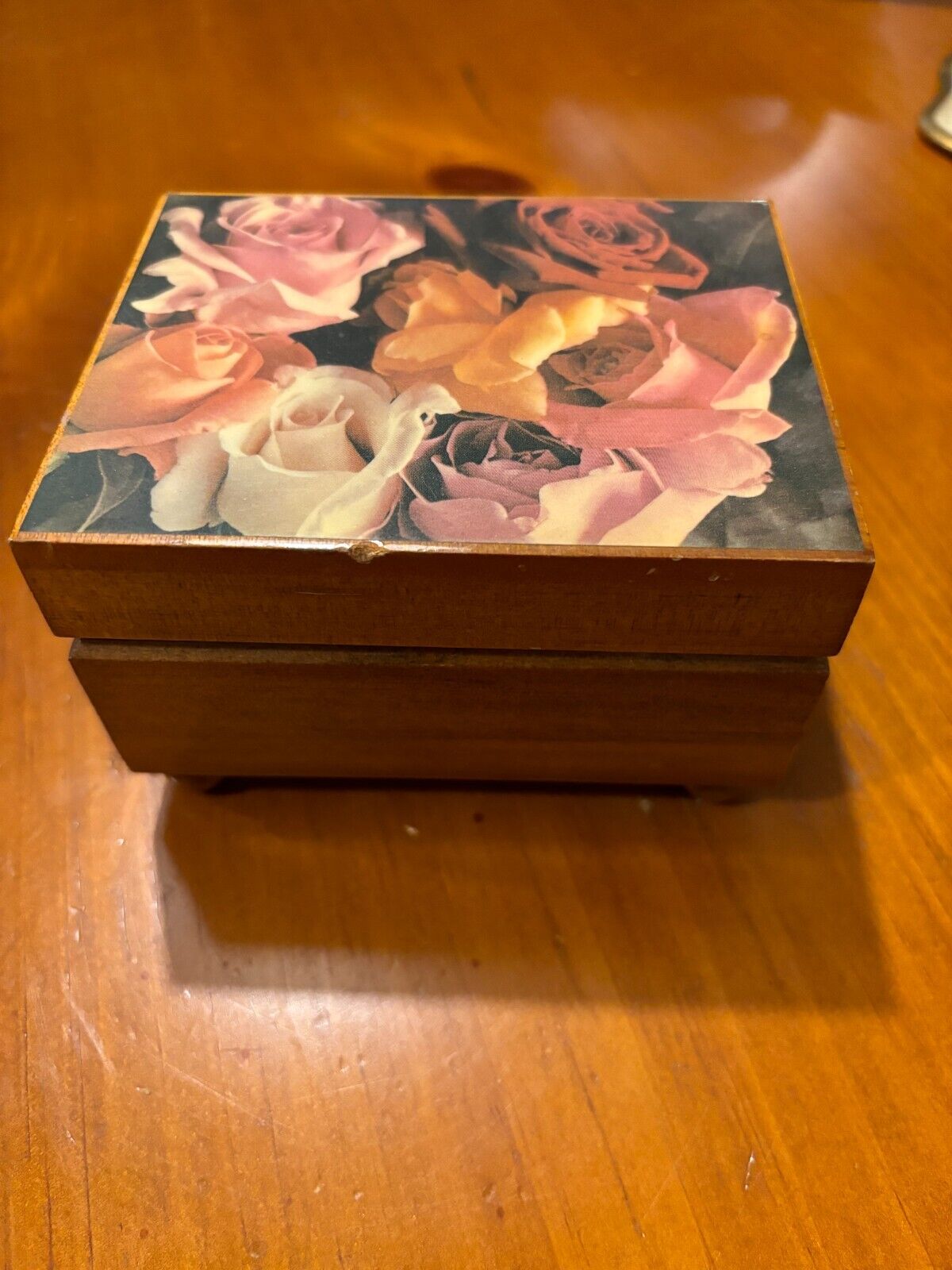 Vintage Music Jewelry Box Wood with Rose Design Plays \