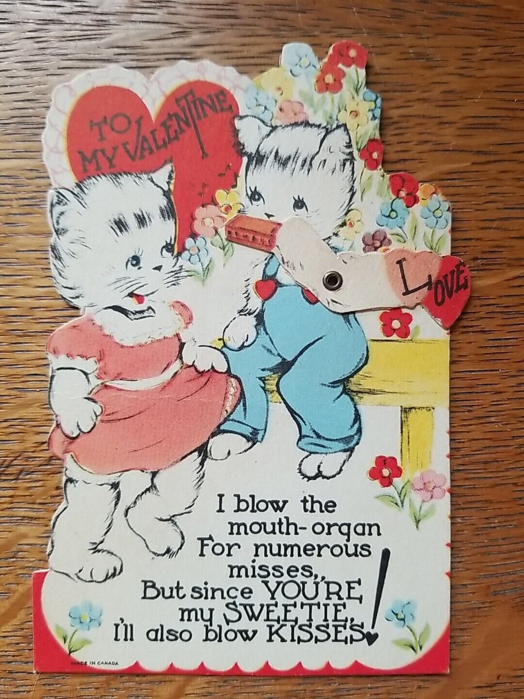 Vintage Mechanical Valentine Cats Kittens Playing Harmonica Canada Mouth Organ