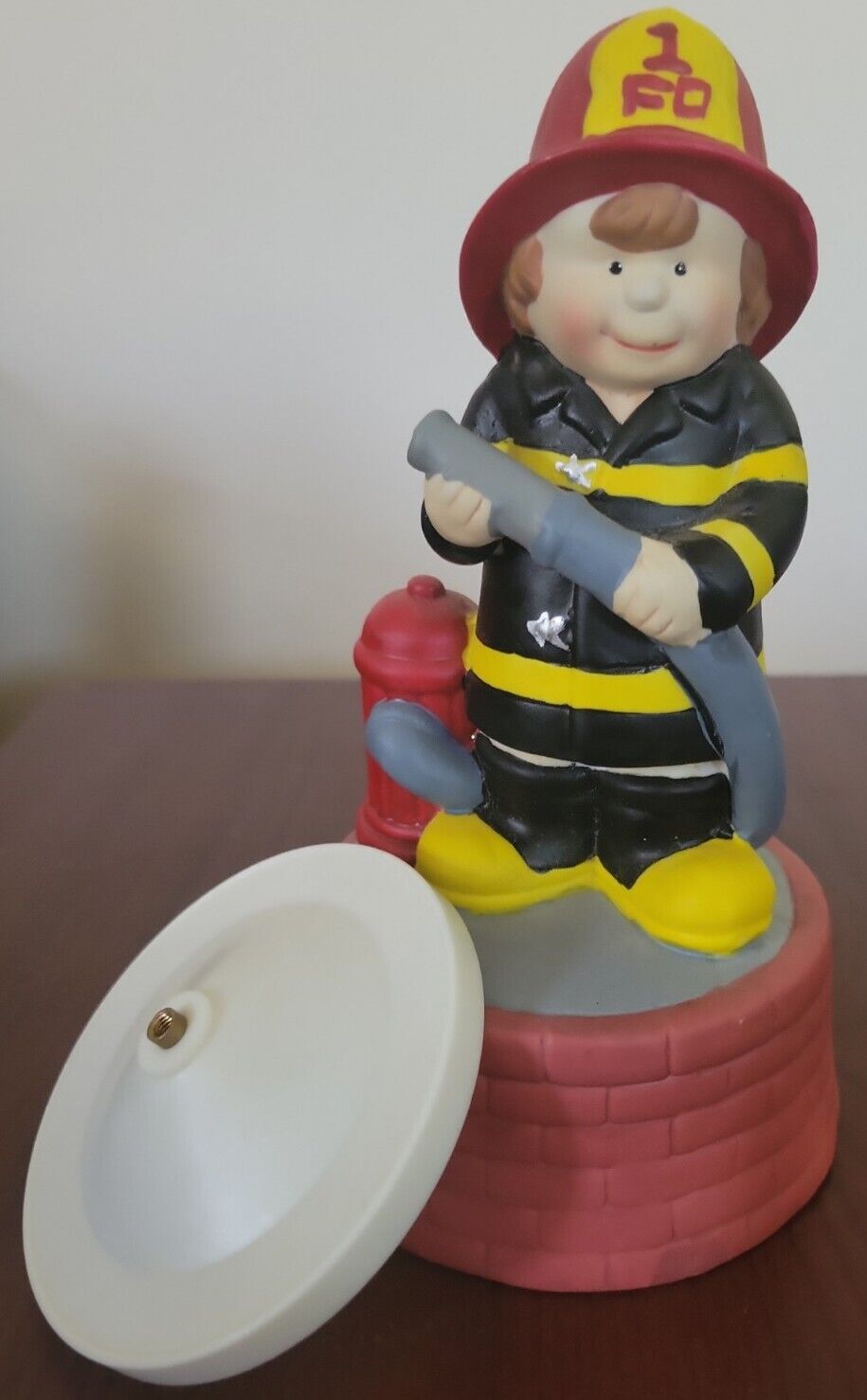 Vintage Ceramic Firefighter Music Box Figurine JSNY Great Condition Tested