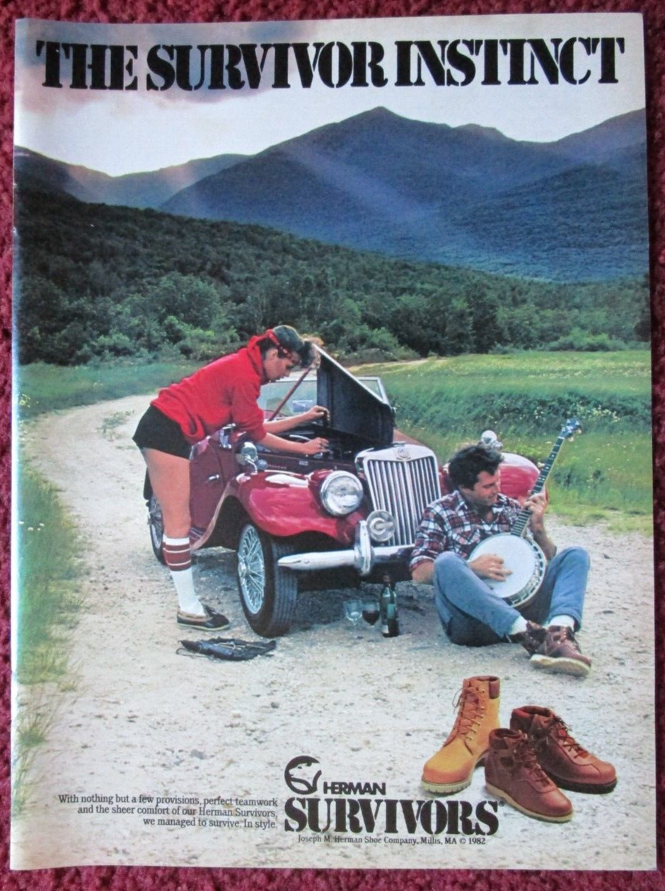 1982 HERMAN SURVIVORS Boots Fashion Print Ad ~ Girl Fixes Vintage Car, Guy Banjo