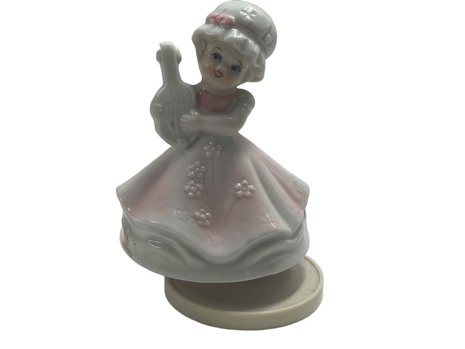 Vintage Rotating Music Box Figurine Ceramic Girl in Pink Dress 5” Working RARE
