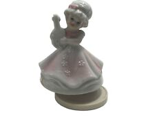 Vintage Rotating Music Box Figurine Ceramic Girl in Pink Dress 5” Working RARE picture