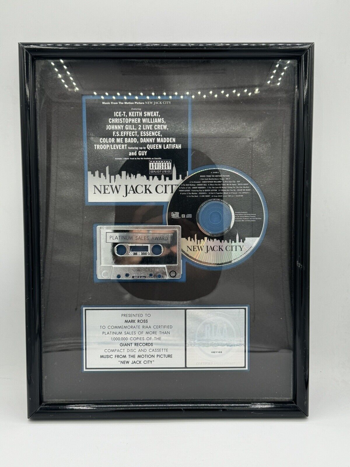 New Jack City Soundtrack RIAA Platinum Award Ice-T Queen Latifah Color Me Bad