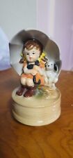 Vintage Ceramic Music Box Girl with Dog under Umbrella made in Japan picture