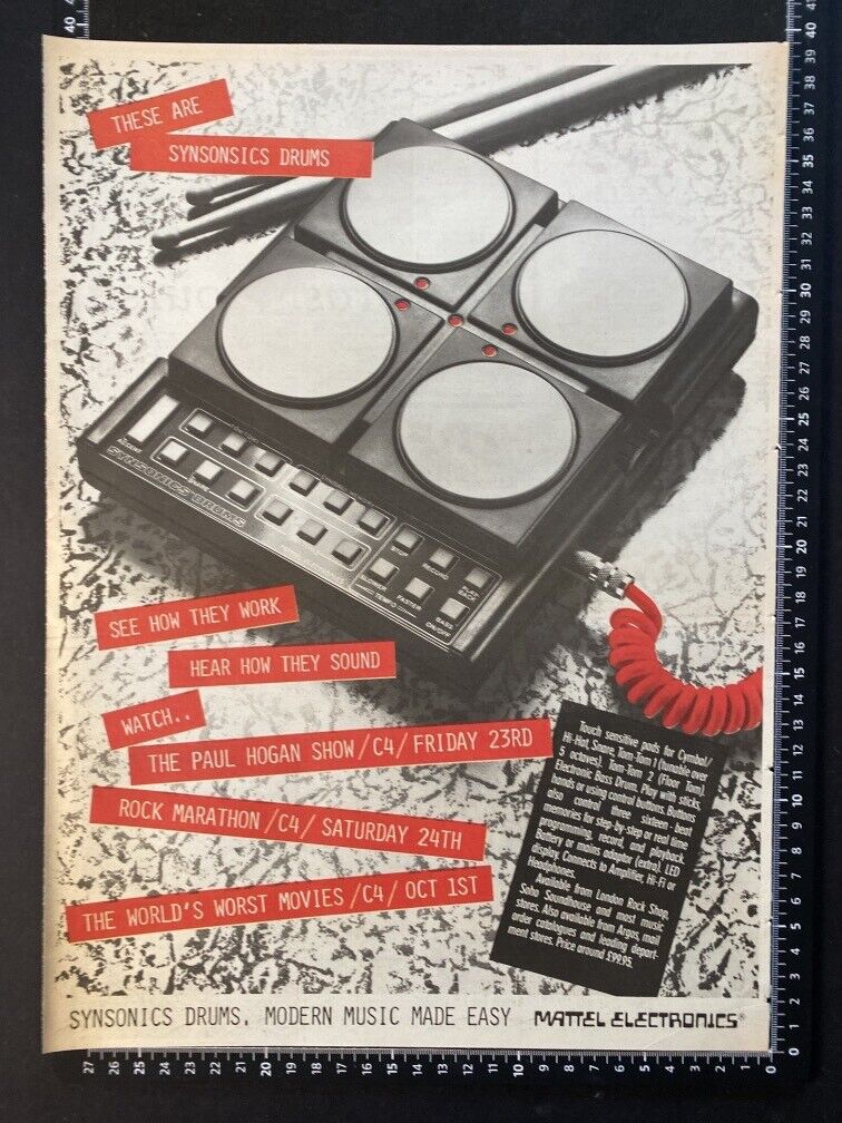 SYNSONICS ELECTRONIC DRUMS - MATTEL - 1983 A3 ADVERT POSTER L168