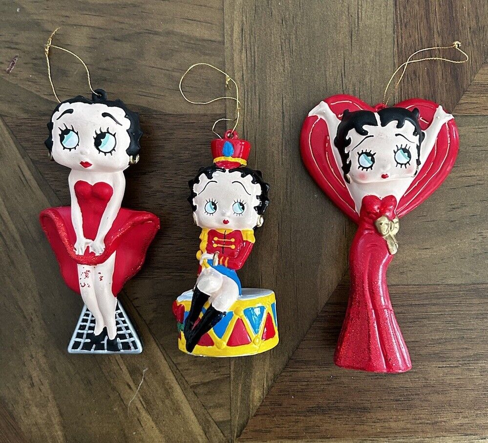 Vintage Betty Boop Christmas Ornaments x3 Red Heart Glitter Dress Drum
