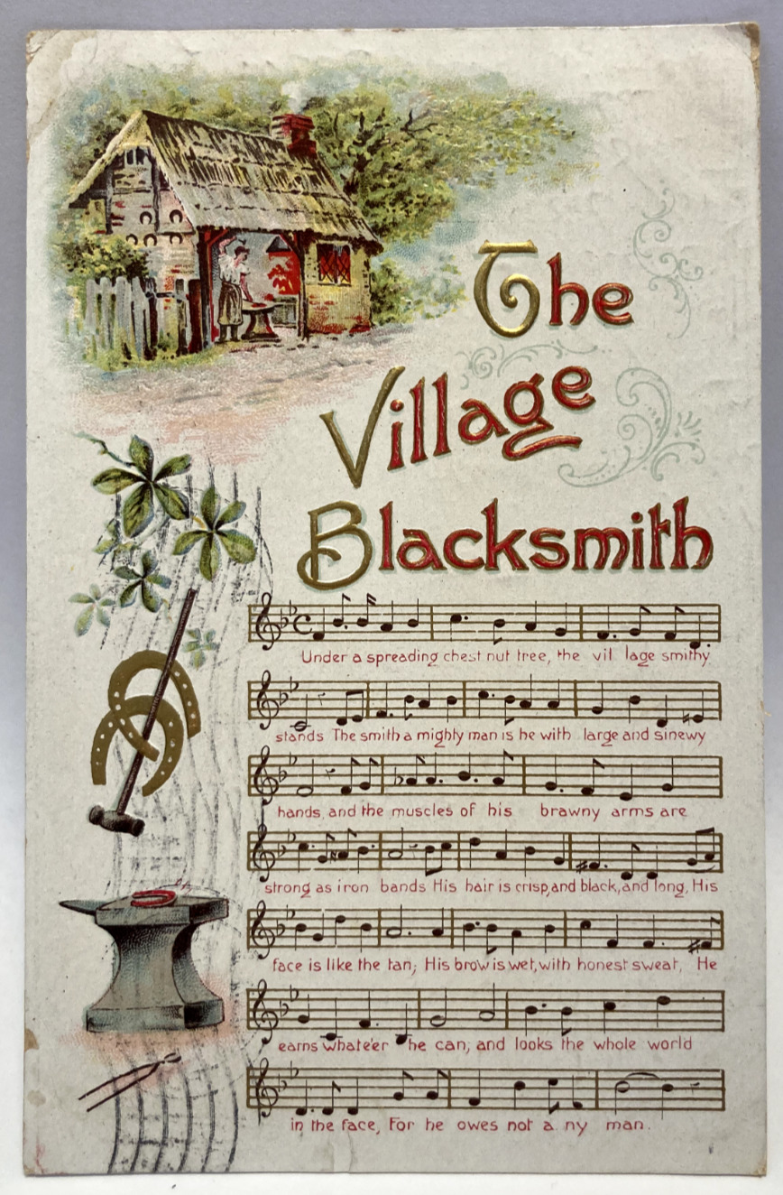 1908 The Village Blacksmith Song, Horseshoes, Music, Embossed Vintage Postcard