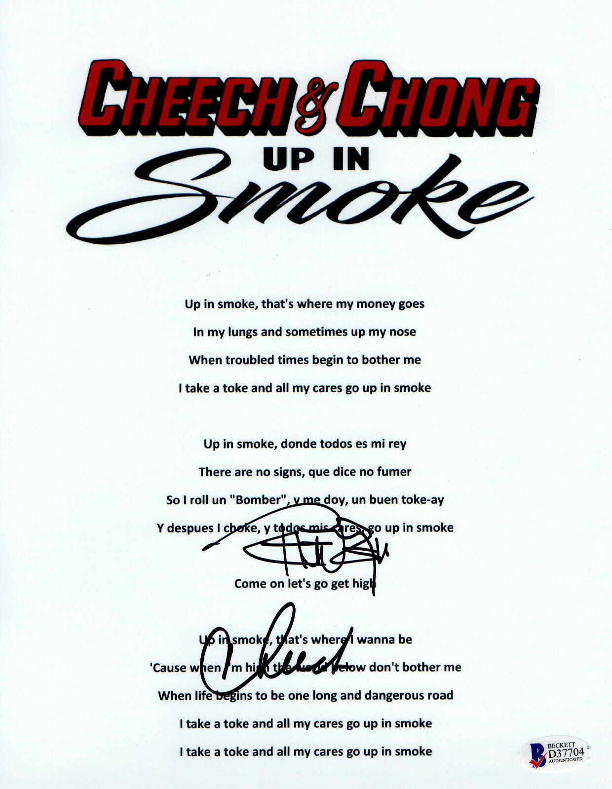 CHEECH AND CHONG SIGNED UP IN SMOKE AUTO LYRIC SHEET BECKETT BAS COA 3