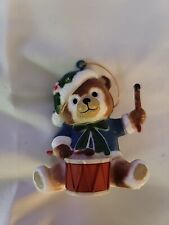 Vintage Teddy Bear In Blue Coat And Santa Hat Playing A Drum Ornament-Plastic picture