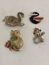  Animal Lot Of 4 Pins, 2 Swans, a Christmas Kitten a Banjo Playing Teddy Bear picture