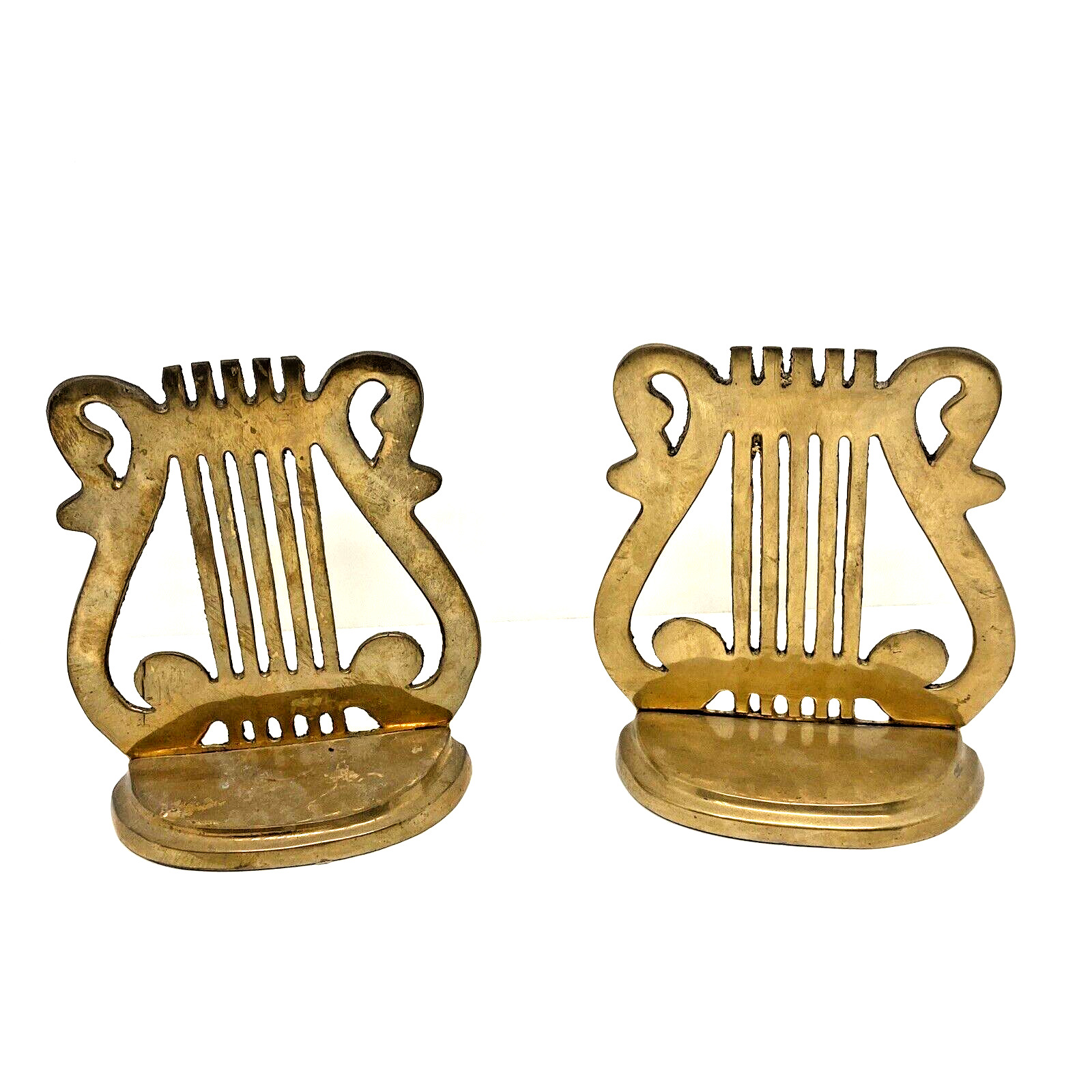Pair Solid Brass Harp Lyre Musical Note Bookends Art Deco MCM 5.5” Made in India