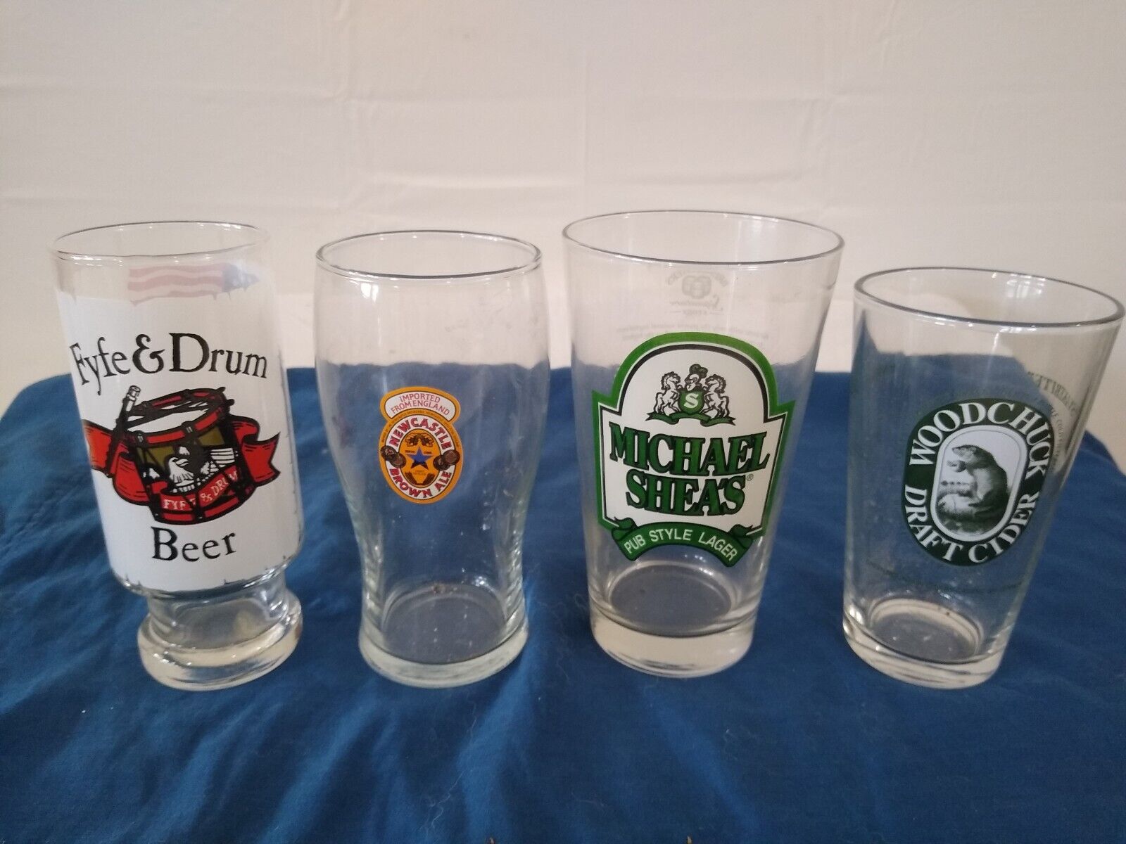Beer Pint Glasses set of 4 Fyfe &Drum, Woodchuck Cider, Newcastle, Michael Sheas