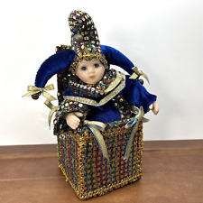 Vintage Jester Clown Inside Box Moving Porcelain Doll Music Box, Blue picture