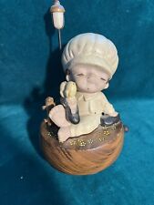 Vintage Japan Rotating wood base Music Box Boy W/ Birds Sitting  with Shoes Off picture
