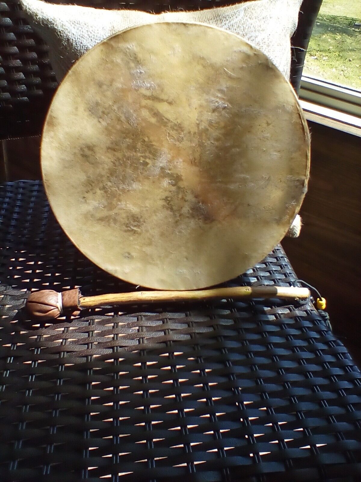 Native American 10 in. traditional deer hide hand drum w/11 in. stick/beater