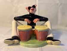 Vintage 90's Pink Panther Playing Bongo Drums Salt & Pepper Shakers Set w/ Base picture