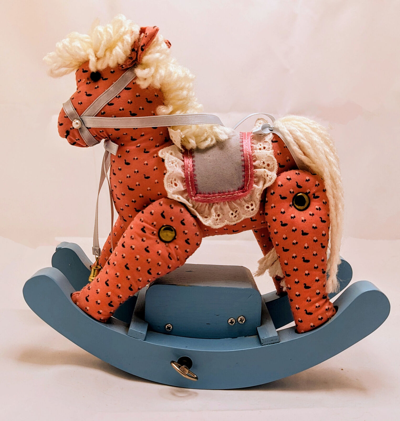 Vintage San Francisco Music Box Pink Fabric Self Rocking Horse